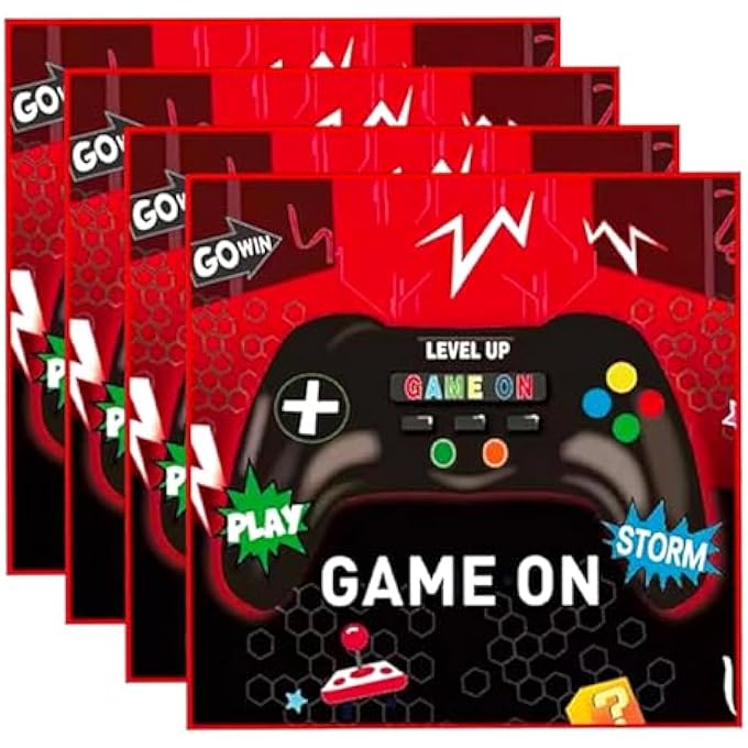 PACK OF 24 GAMING NAPKINS, 33 X 33 CM VIDEO GAME NAPKINS, GAMING BIRTHDAY NAPKINS, COLOURFUL DISPOSABLE GAMING BIRTHDAY PARTY NAPKINS, GAME PARTY NAPKINS, CHILDREN'S BIRTHDAY, DECORATION GAMER - Image 1